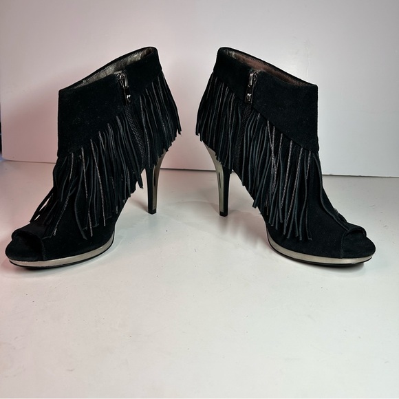 Libby Edelman Women's Bellamy Black Suede Fringe Boho Peep-toe Booties Size 8.5 - Picture 7 of 14